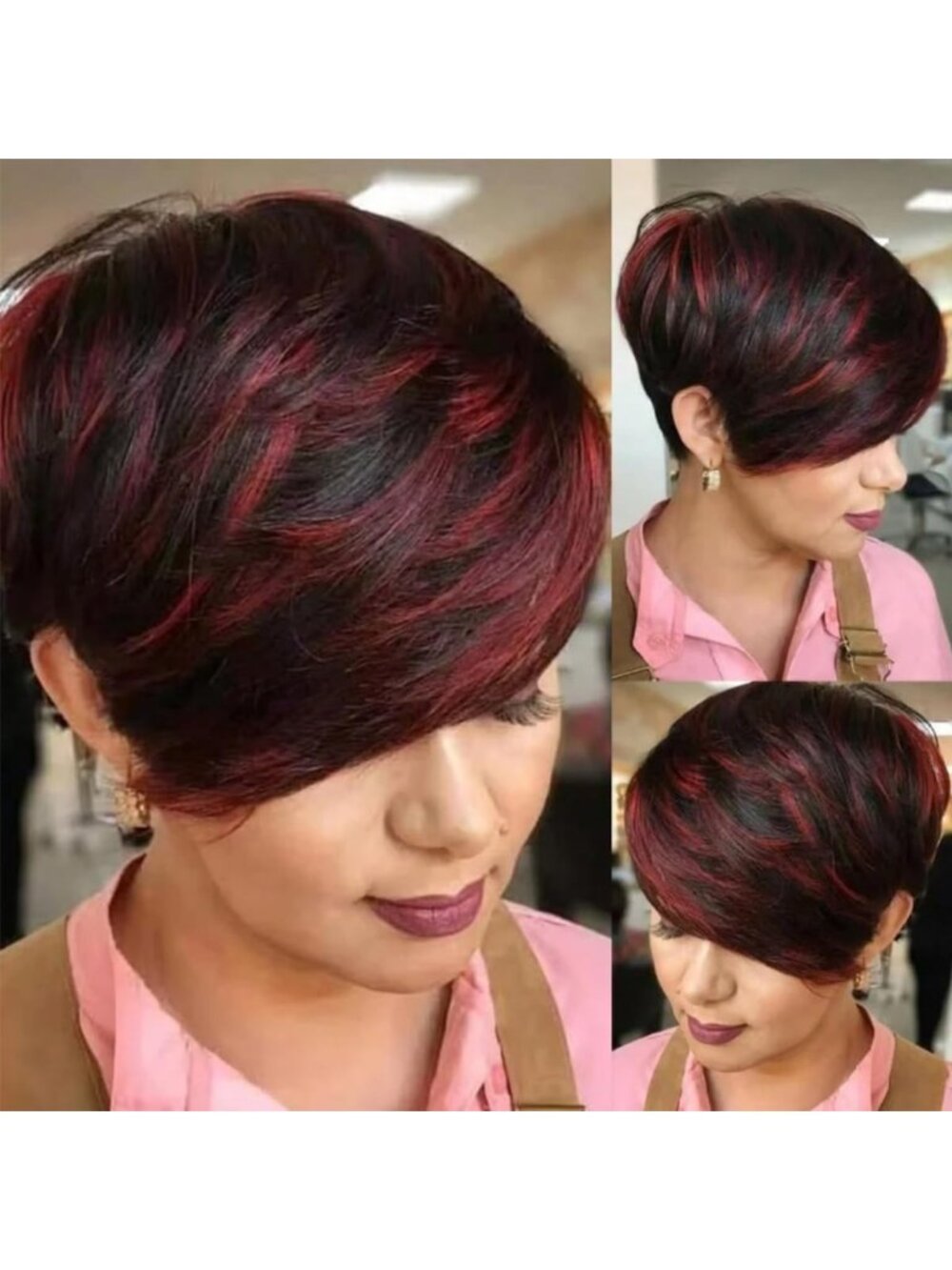 180% Density Burgundy Highlight Pixie Cut Wig - Glueless Human Hair for Daily